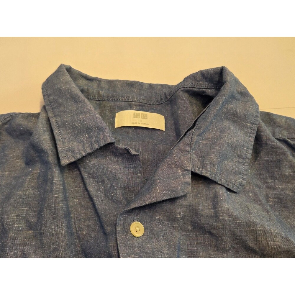 Uniqlo Linen Blend Short Sleeve Button Up Shirt Mens M Blue Lightweight Casual - Picture 3 of 6